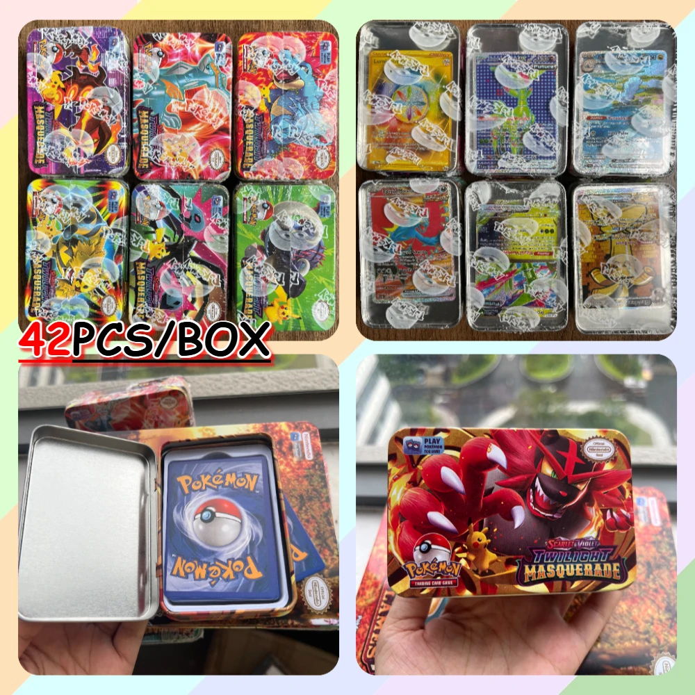 41/42/48/118 Uds nueva caja de Metal juguetes de batalla de Pokémon de hierro caja de Pokemons de origen perdido con juego de Pikachu cartas bancarias de Anime para niños