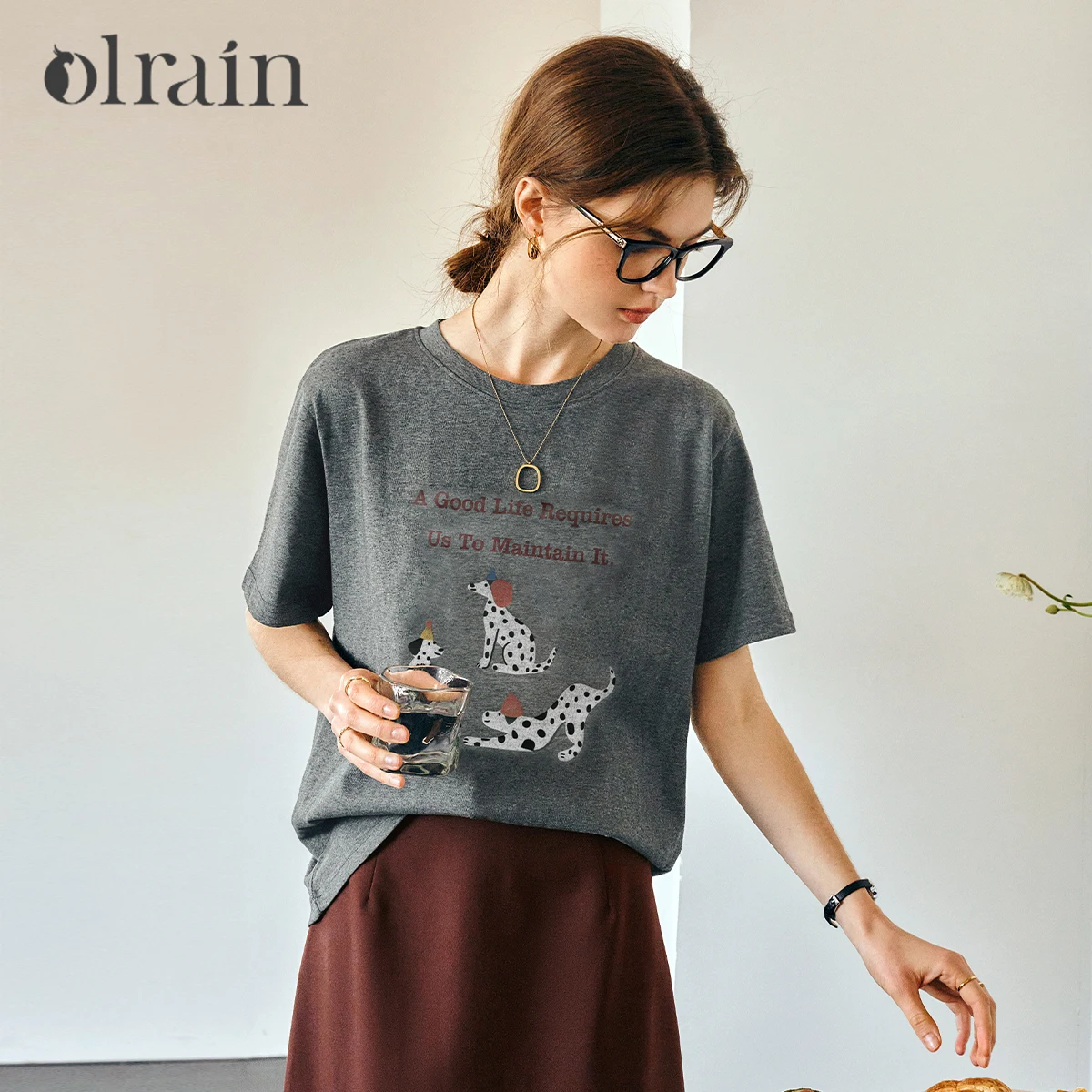 

OLrain T Shirt For Woman Cotton 100% 2025 New Grey Fun Printing Knitted Office Lady Tees Round Neck Cozy Ladies Tops O57XT95020