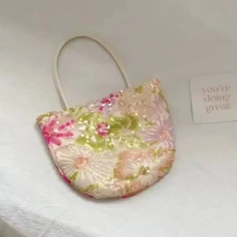 Bloom Fairy Core Aesthetic Y2k Hand Bag Women Flower Embroidered Handle Chic Casual Crossbody Bags Ladies Versatile Handbag