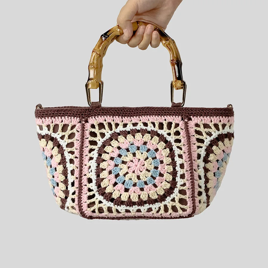 Lady bamboo Shoulder Bag Handmade Crochet Bag Woven Bag Fabric Strip Luxury Designer Handbag Purses for Women Tote Bags
