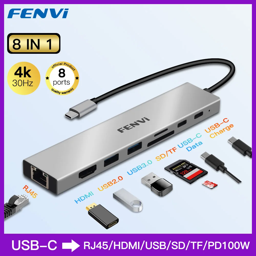 FENVI Type C HUB 8 in 1 USB C 3.0 to 4K HDMI-Compatible RJ45 PD 100W Ethernet Port SD/TF Card Slot Docking Station For Macbook