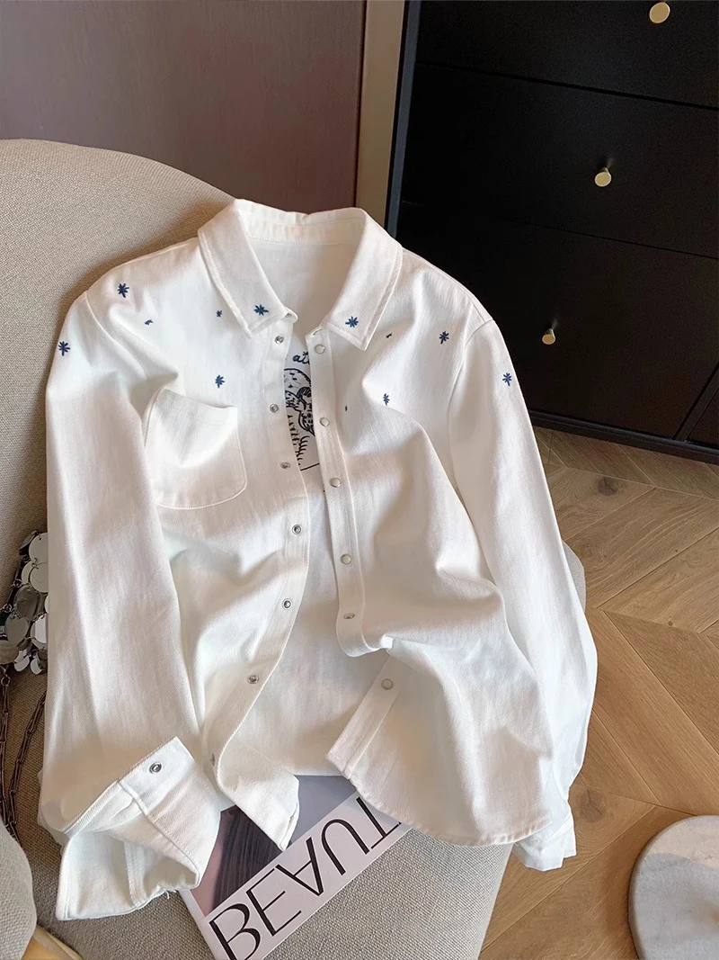 

Белая рубашка с принтом звезд, длинными рукавами и воротником, женская летняя винтажная рубашка-жакет на одной пуговице, свободного кроя