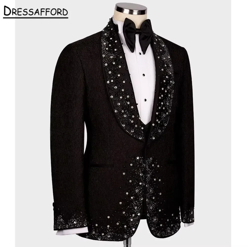 Black Men's Suits Fashion 2 Pieces Sets Jacket Pants Luxury Diamonds Beaded Groom Prom Blazers Decoration Tuxedos Men