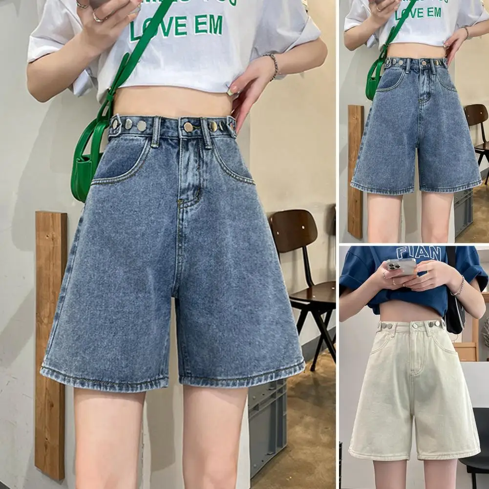 Button Zipper Jeans Vintage A-line Denim Shorts with Adjustable Buttoned Waist Zipper Closure Women's Knee Length for Casual