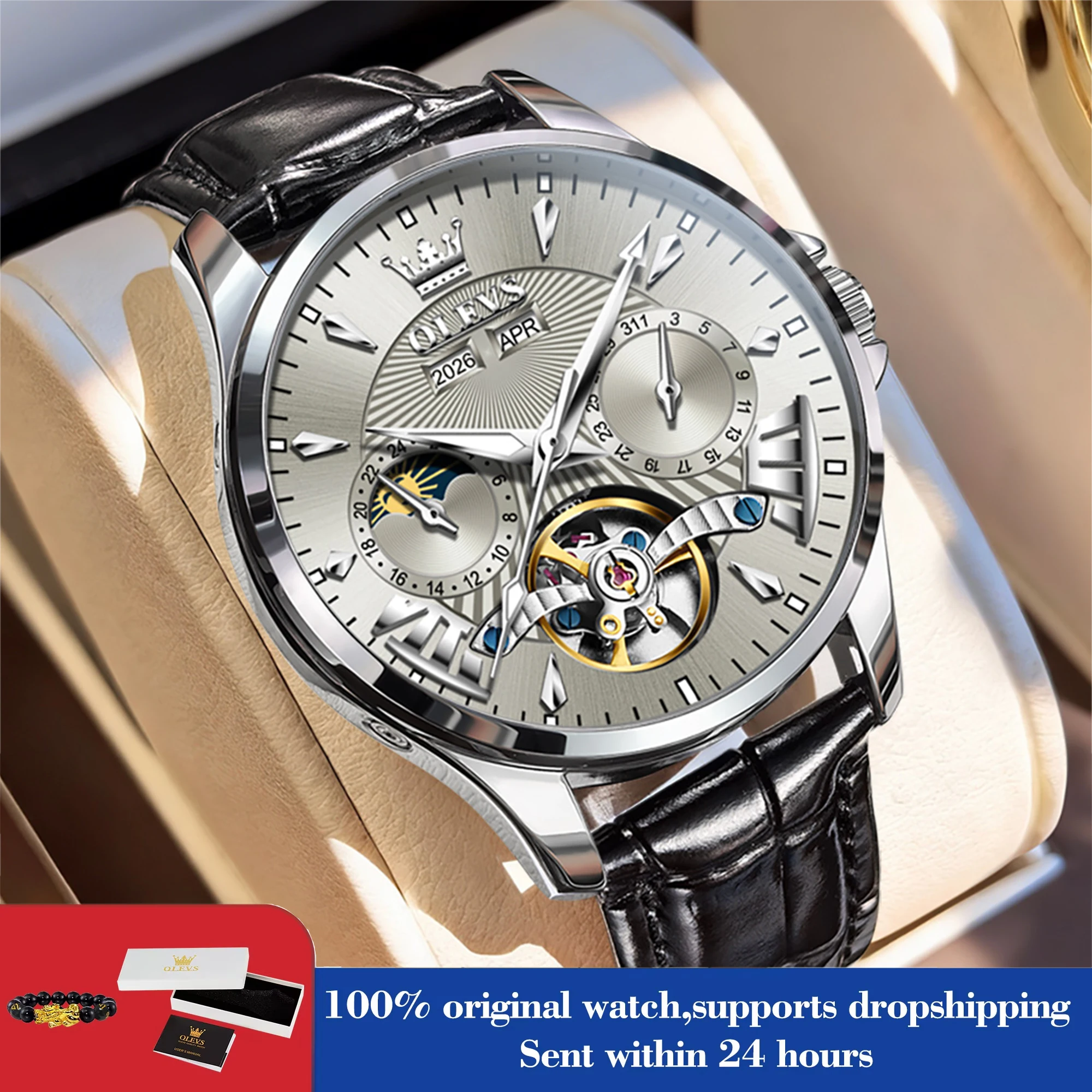 

Мужские часы OLEVS 7103, автоматические механические наручные часы с функцией вечного календаря и фазами луны, водонепроницаемые, классический дизайн.