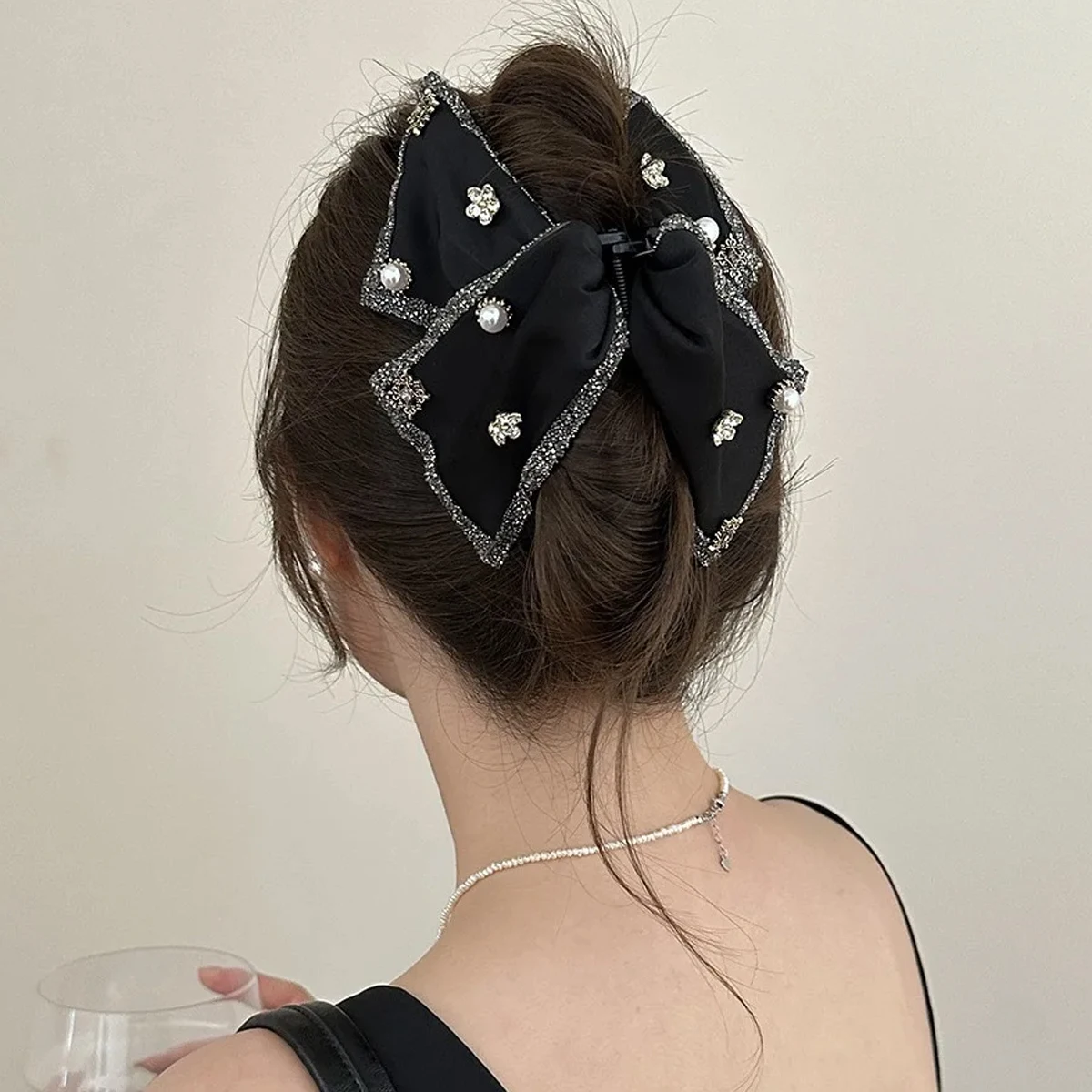 1pc Vintage Satin Rhinestone Pearl Flower Bow Large Triangle Hair Claw, Elegant Low Ponytail Hair Accessory