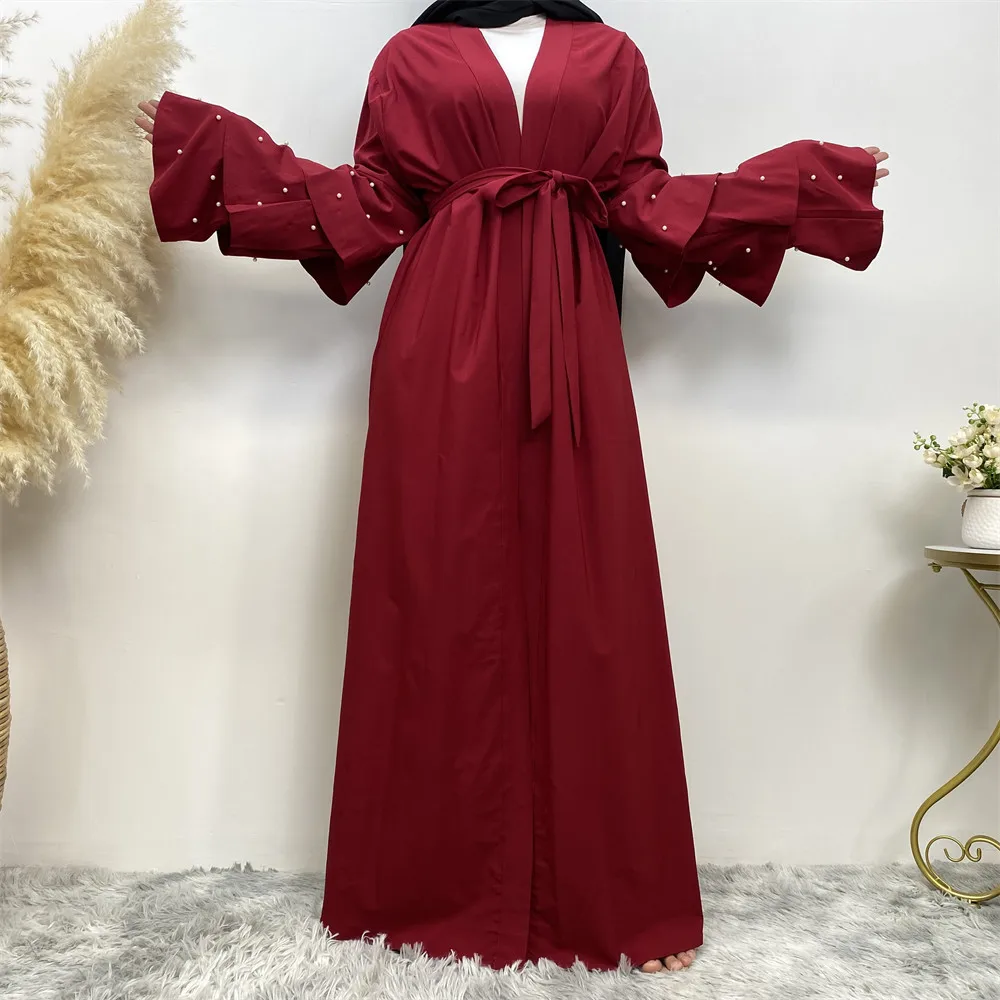 Hot Selling Open Abaya Women Clothes Flare Sleeve With Pearls Design Muslim Kimono Long Kaftan Islamic Dubai Dresses For Women