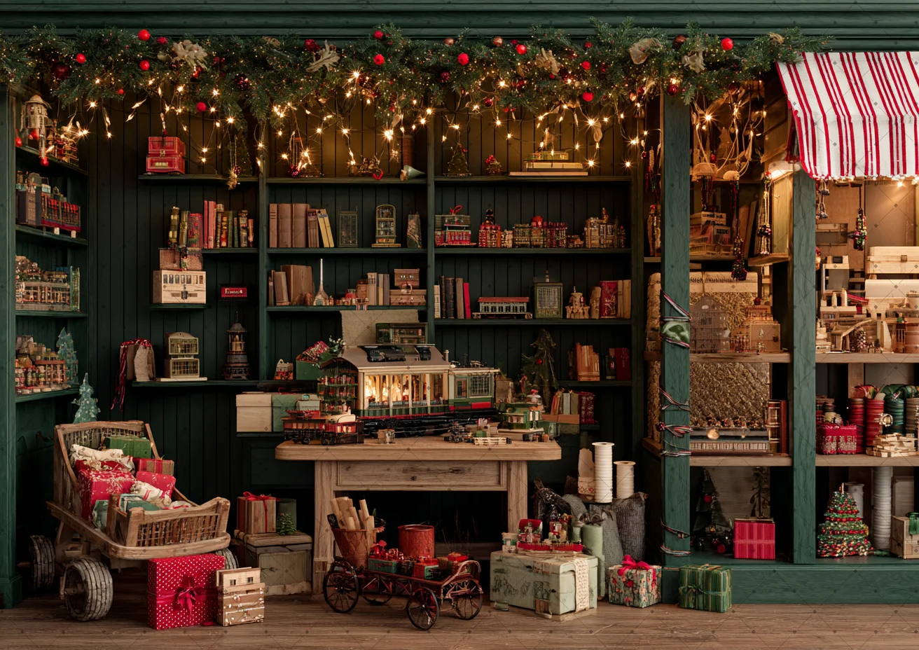 Vintage Toy Shop Christmas Backdrop Dark Green Display Cabinet Train House Doll Gift Box Rustic Portrait Photo Booth Background