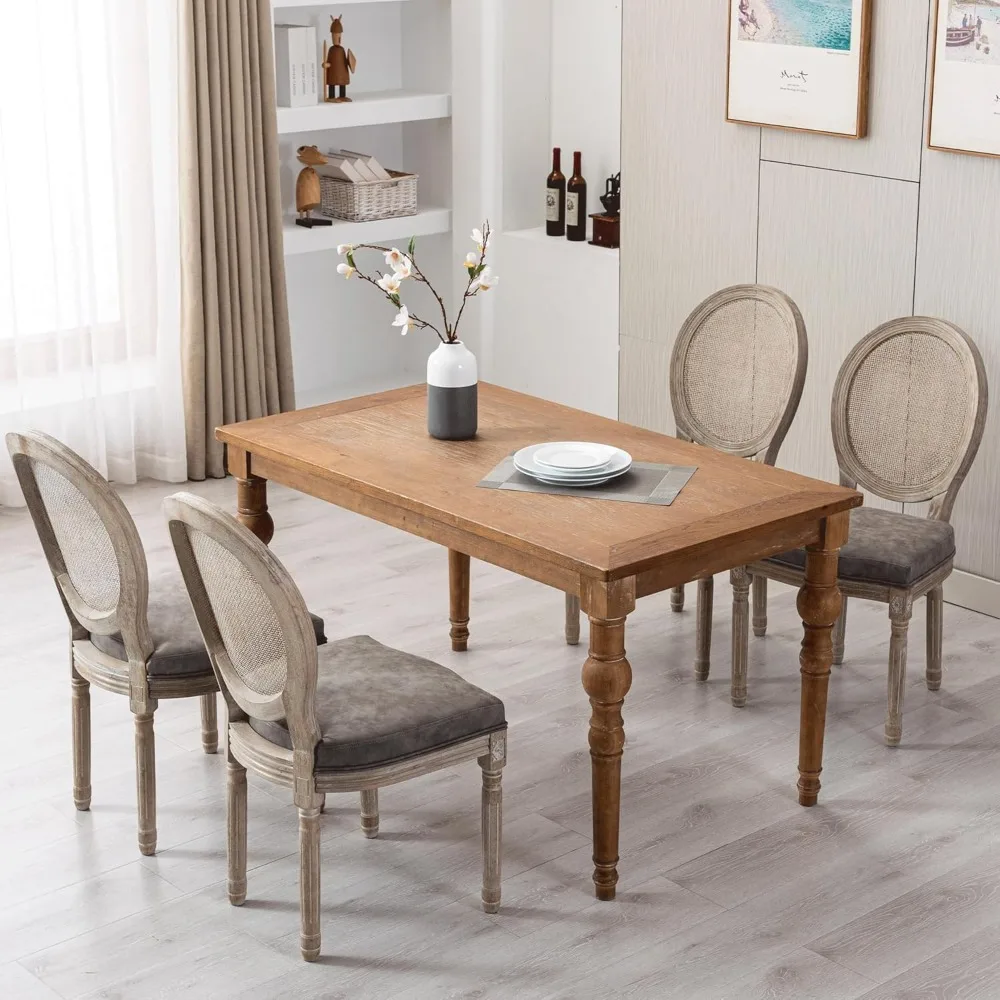 ชุดเก้าอี้รับประทานอาหารหนังสไตล์ฟาร์มเฮาส์ 4 ตัวพร้อมพนักพิงหวายทรงกลม เหมาะสำหรับห้องรับประทานอาหารและบิสโทรสไตล์ฝรั่งเศส