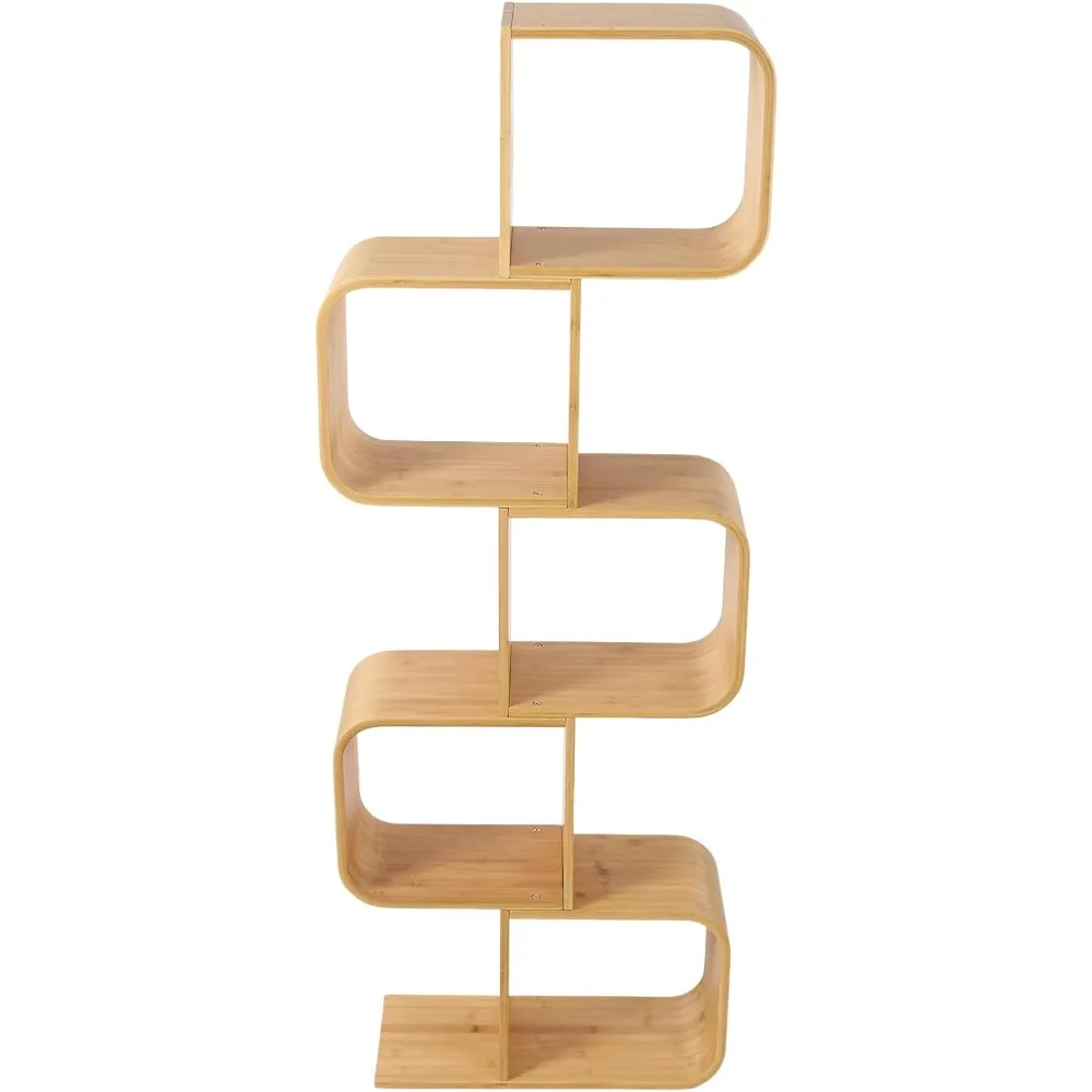 Duży, nowoczesny regał bambusowy - 5-poziomowy regał w kształcie litery S do przestronnego, dekoracyjnego przechowywania