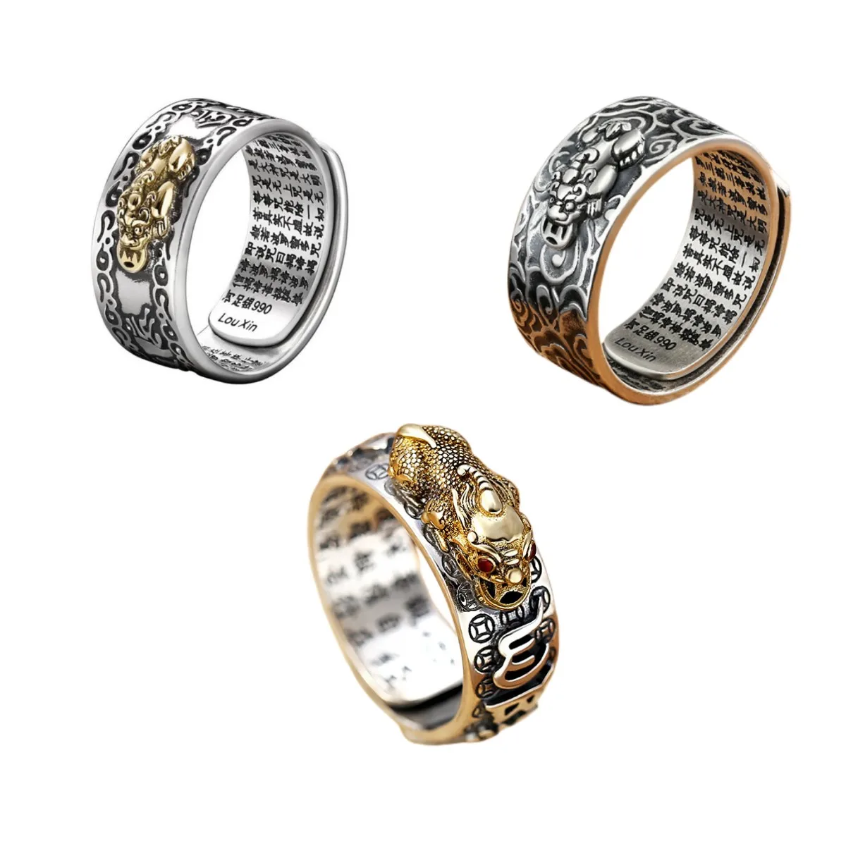 2Pcs/Set Chinese Feng Shui Brass Pixiu Rings For Men Amulet Vintage Copper Coin Adjustable Unisex Ring Bring Wealth Luck Jewelry - view 5
