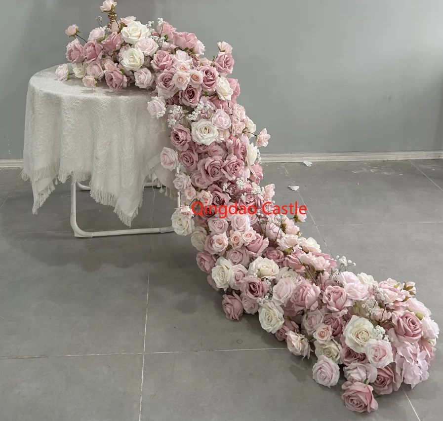 Y-I022 Wedding Props White Flowers Runners Flower Rows Artificial Flowers Table Runner For Wedding Decoration