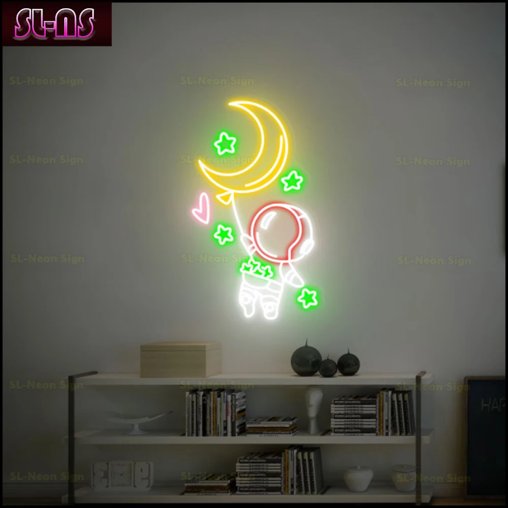 Spaceman Neon Sign  Astronaut with moon Led Sign  Kid's room neon Light  Neon Wall Light Sign Bedroom GAME ROOM