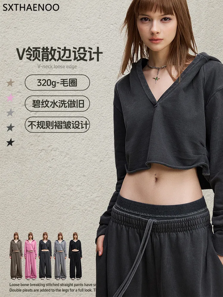 SXTHAENOO 2025 خريف جديد الأوروبية والأمريكية الرجعية التوابل فتاة الخامس الرقبة مطوي قصيرة مقنعين قميص قطني بكم طويل Soild تي شيرت المرأة #2
