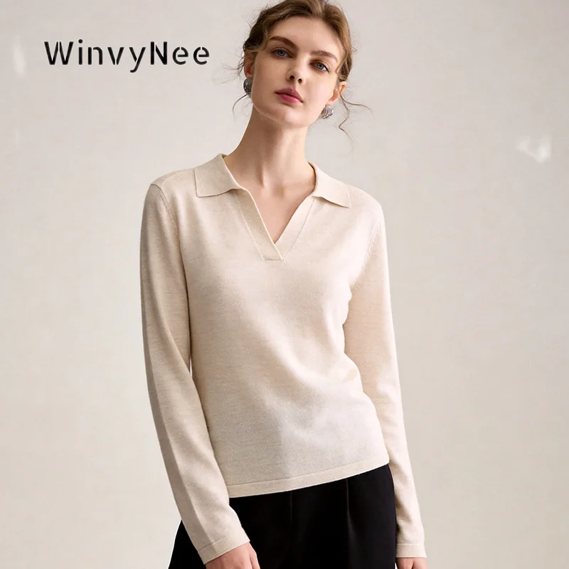 WinvyNee Women Knitted Top Superfine Pure Wool Seagull Collar Long Sleeve Airy Office Chic Daily Knit Tailored Shapely. A1847006