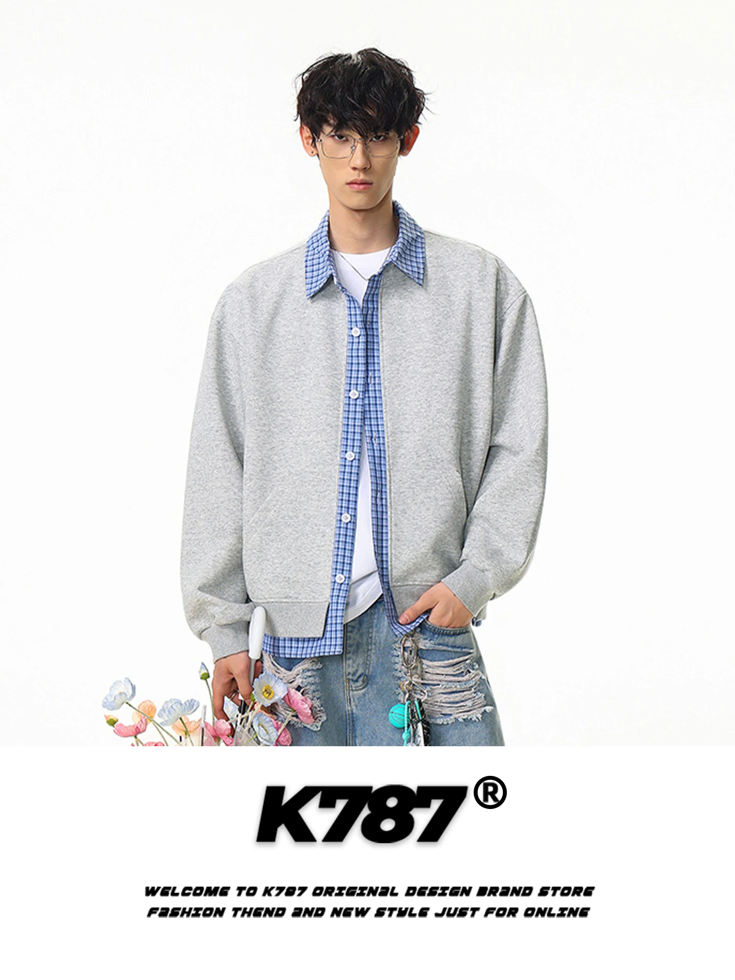 

Куртка-худи в американском уличном стиле с клетчатыми вставками и эффектом двухслойности, унисекс, в стиле Cleanfit, для пар, в университетском стиле