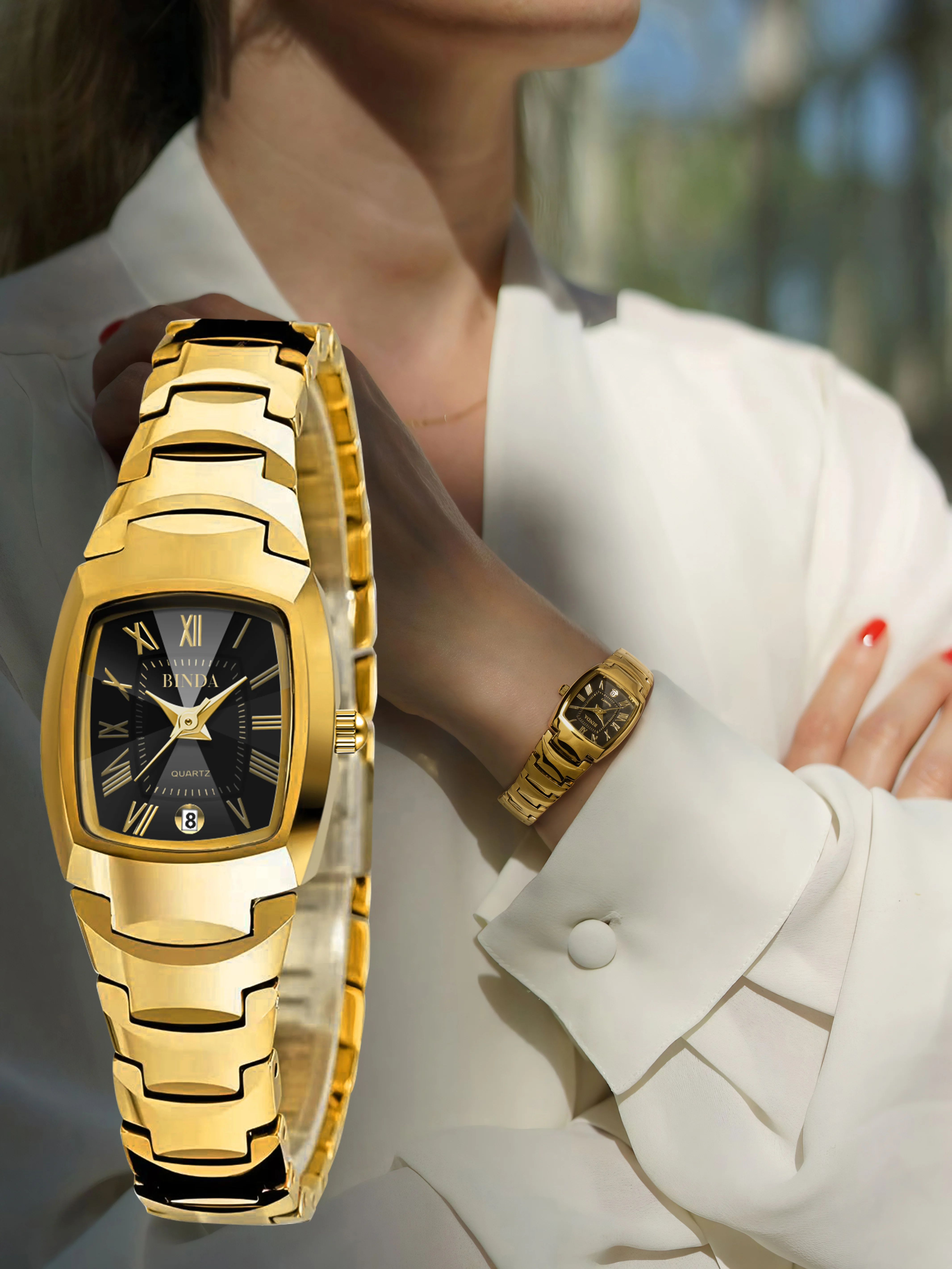 Binda Relógio de quartzo feminino luxuoso dourado e preto, estilo retrô elegante, relógio de pulso com pulseira de negócios da moda