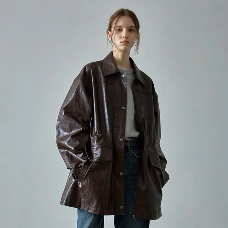 Cappotto Jaet in pelle di media lunghezza da donna Autunno Inverno Nuovo Sle Pendolarismo Sle Loose Fit Lungo colletto quadrato Sve Materiale PU