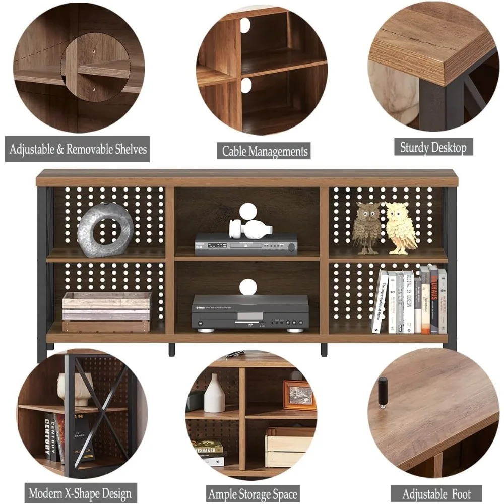 حامل تلفزيون من الخشب والمعدن على الطراز الصناعي لأجهزة التلفاز مقاس 65 بوصة مع وحدة تحكم الوسائط الحديثة ورف تخزين