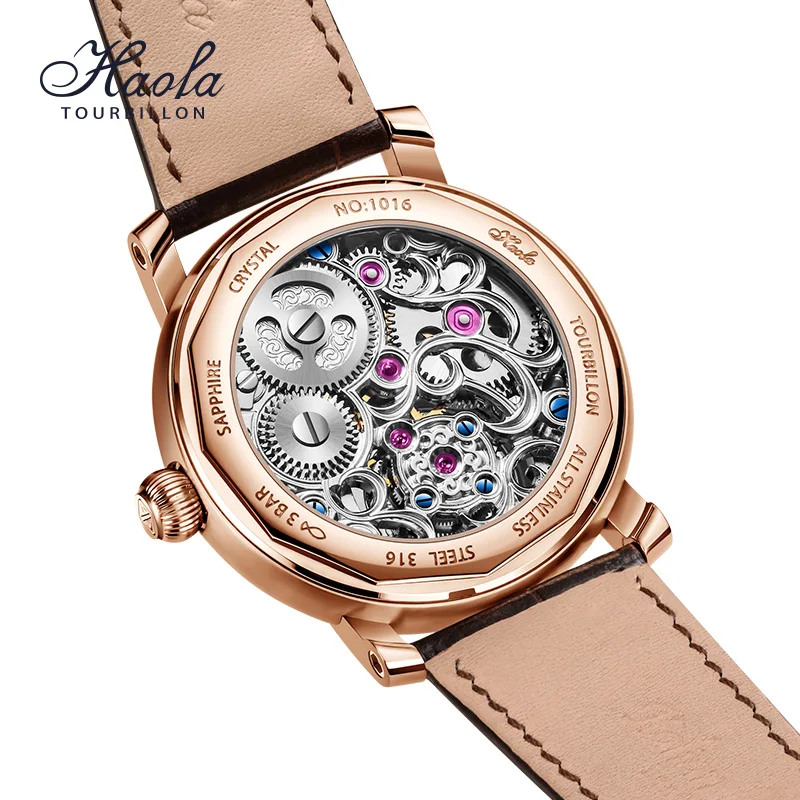 Haofa Manual Tourbillon Mechanical Men's Watch Moon Phase Hollow Sapphire Mechanical Watches For Men 80 Hours Power Reserve 1016