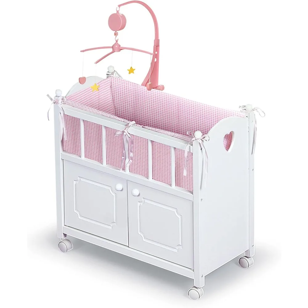 

Wooden Doll Bed with Storage, Mobile, Wheels & Personalization Kit - White Pink Gingham for Pretend Play