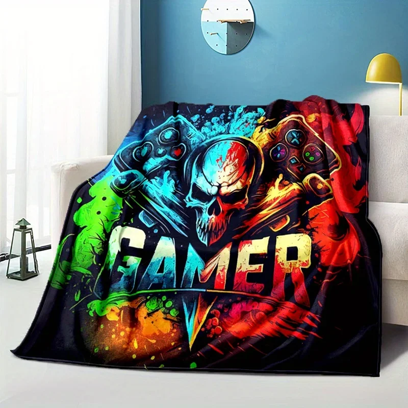 Skeleton and game controller pattern Flannel printed blanket suitable for all seasons suitable for living office sofa and travel
