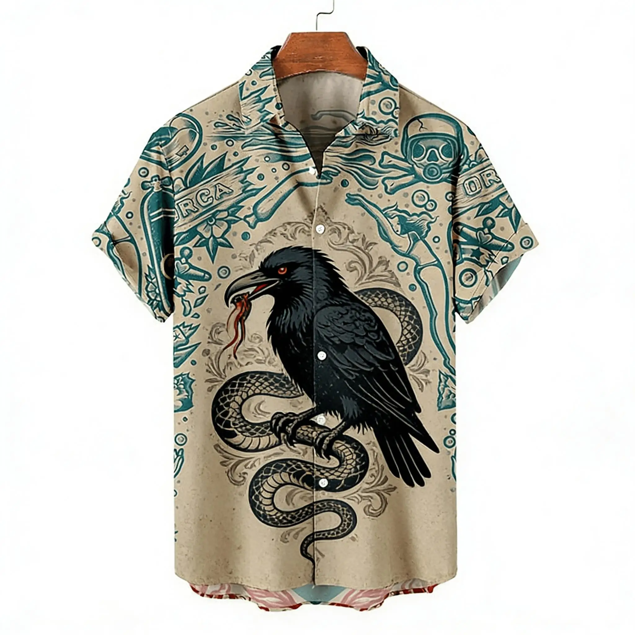 Men's Summer Casual Shirt with Retro Crow and Snake Tattoos, Featuring A Nautical Themed Printed Top and A Retro Street Style