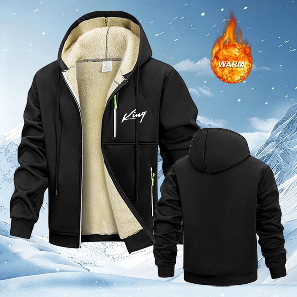Men's Script King Print Zip Up Hoodies Thickened Warm Autumn Winter Sweatshirt With Zippered Pockets Daliy Casual Commute Top