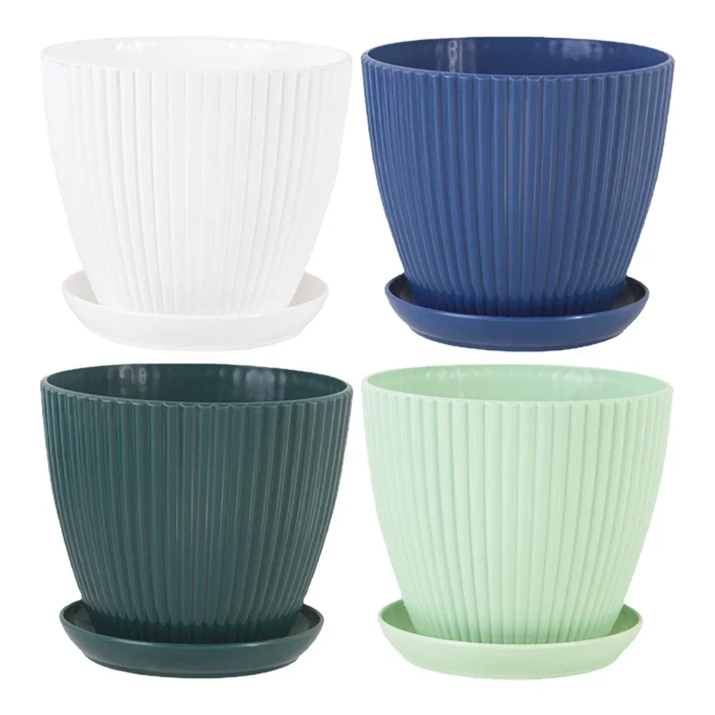 

1pc Flower Pots Plastic Green Plant Pot Circular Pot Delivery Tray Vertical Striped Flower Pot Garden Tools Replacement Parts