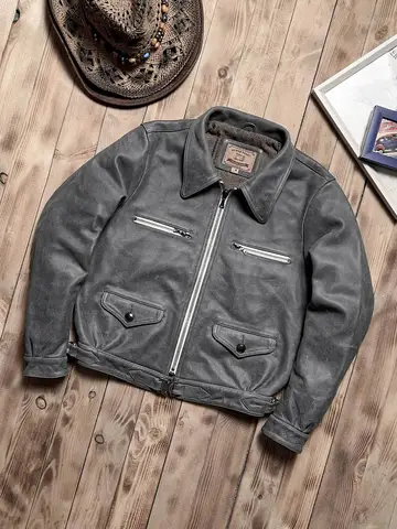 Grå vinterläderjacka i retro vintagestil, plusstorlek 5XL, äkta naturligt kohud, tysk militärflygläderjacka 8 best sales Tyska rockar - №1