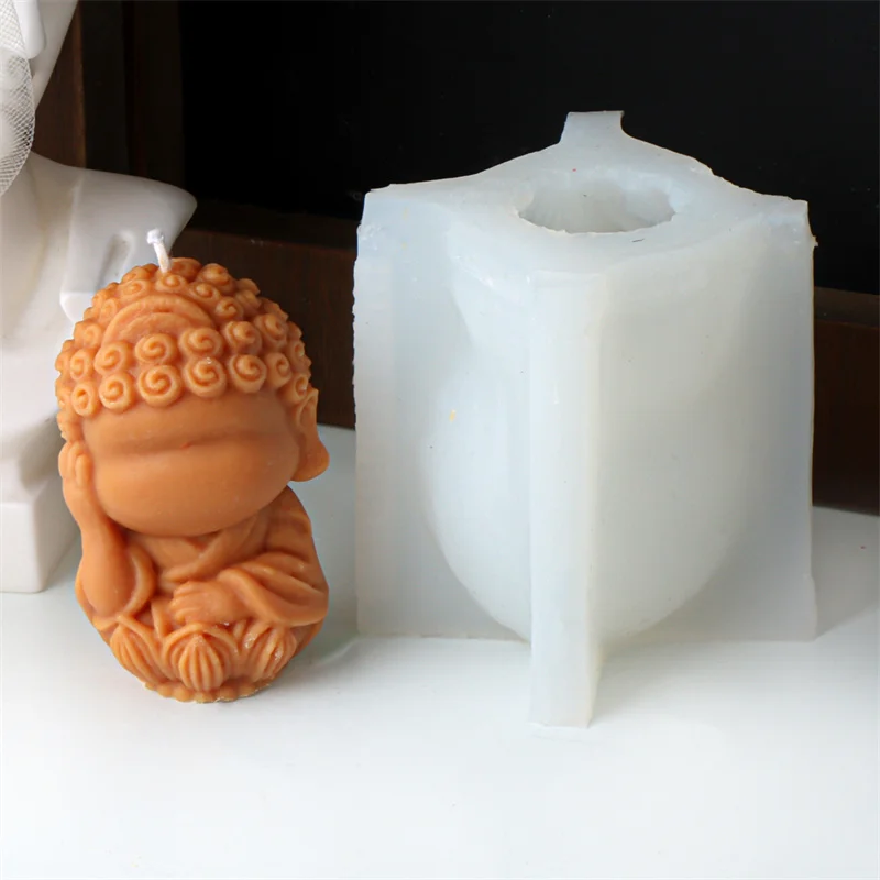 Lotus Base Little Cute Chanting Guanyin Candle Mould Chubby Buddha Sculpture Buddhism No Look Say Listen Statue Silicone Molds