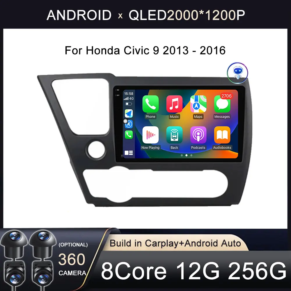 

9" Android 14 Car Radio For Honda Civic 9 2013 - 2016 Stereo Wireless Carplay Auto Navigation GPS Multimedia Player QLED 8G 256