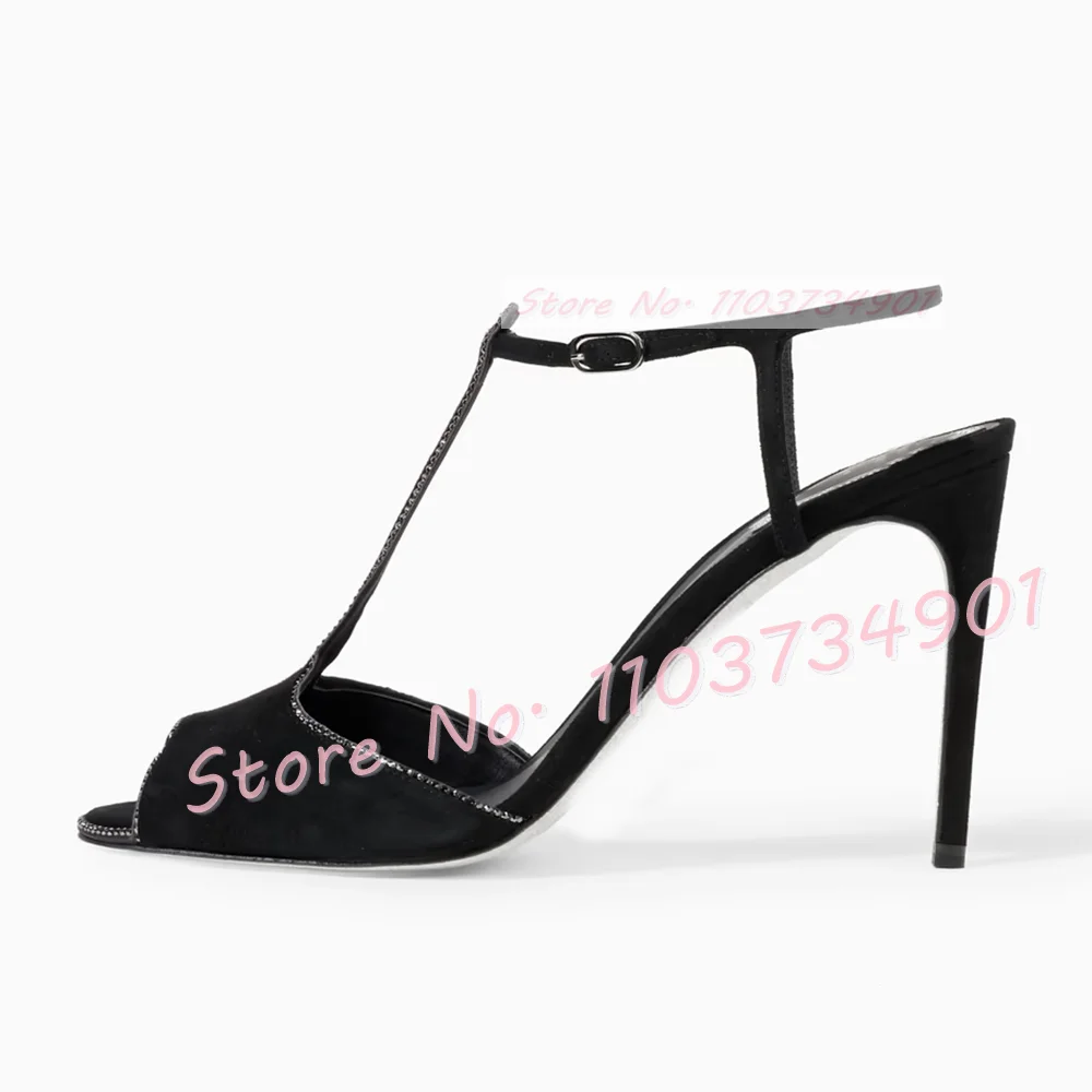 Crystal-Trim Black Suede High Heels Sandals Women Peep Toe Elegant T-strap Shoes Ladies Summer Luxury Ankle Strap Pink Shoes