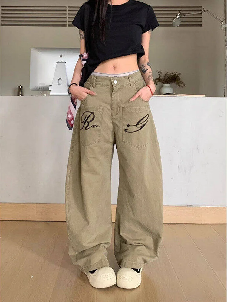 

Retro American Embroidered Work Pants Men Women Summer Design Wide Leg Knife Pants Tall Straight Casual Long Trousers