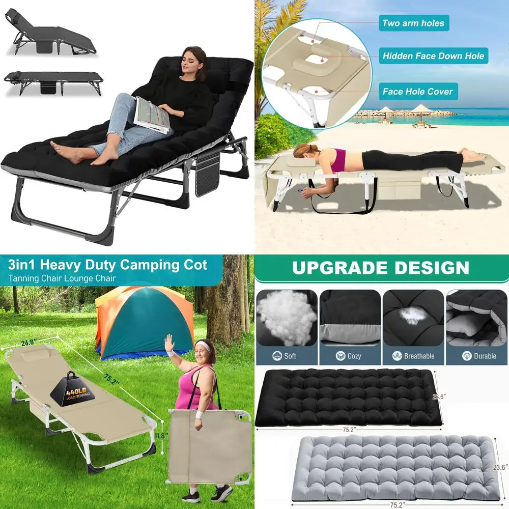 

Portable Folding Cot Bed, Adjustable 6-Position Reclining Chaise Lounge for Adults, Pillow Included, Ideal Outdoor Portable Loun
