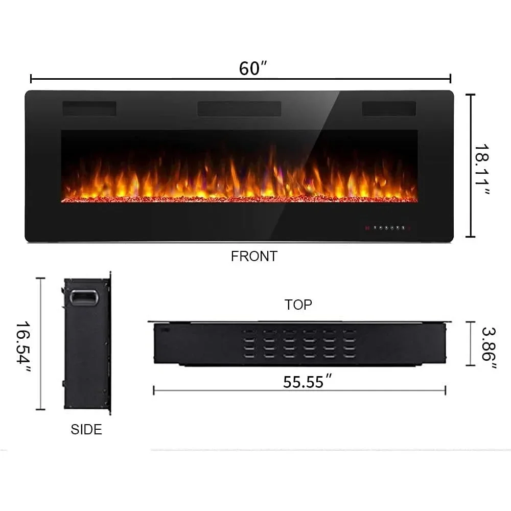 60 Inch Electric Fireplace in-Wall Recessed and Wall Mounted, Fireplace Heater and Linear Fireplace , Timer, 750/1500W