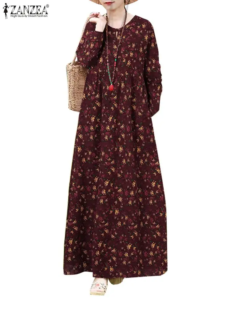 ZANZEA Long Sleeve Vintage Long Robes Casual Loose Elegant High Waist O neck Vestidos Floral Print Holiday Women Maxi Dress