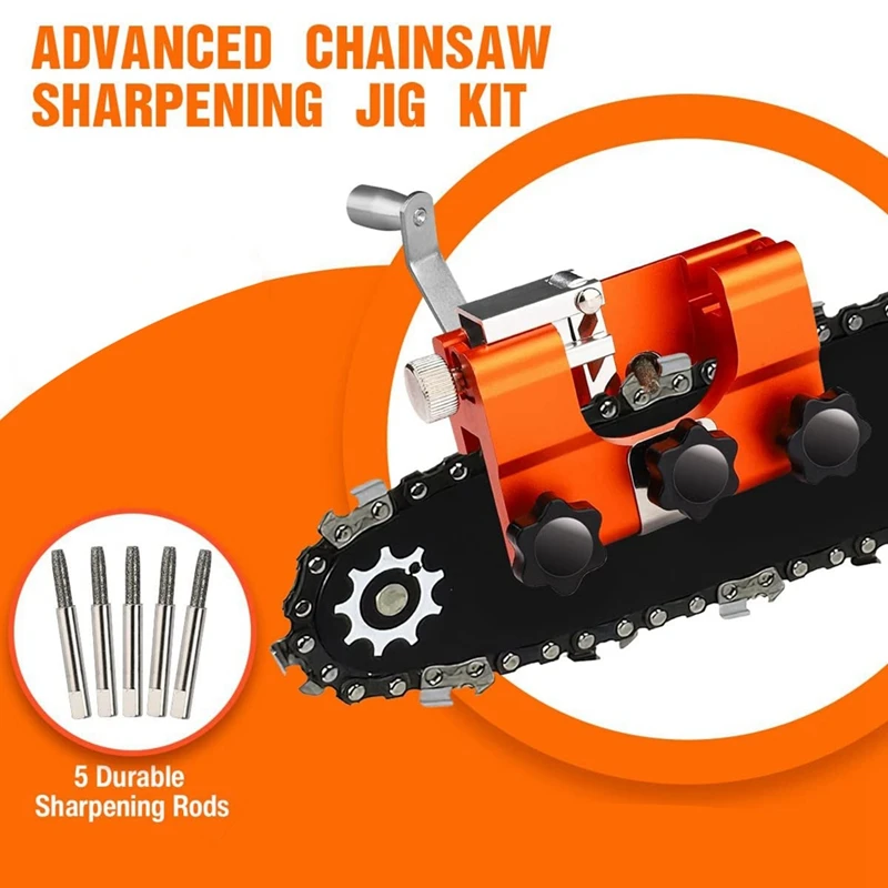 Portable Chainsaw Chain Sharpening Kit Orange Aluminum Alloy With 5 Sharpen Rods For Chain And Electric Saws