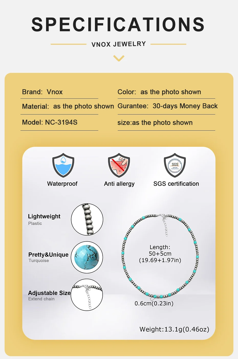 Vnox Herren-Halskette mit türkisfarbenen Perlen, verstellbare Kette im Bohemian-Stil, Punk-Hip-Hop-Schmuck, Geburtstagsparty-Geschenk für Ihn – Detail 4