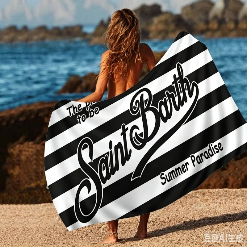 Black White Striped Saint Print Quick‑dry Beach Towel Soft Lightweight Swimming Bath Towel Portable Outdoor Beach‑use Blanket