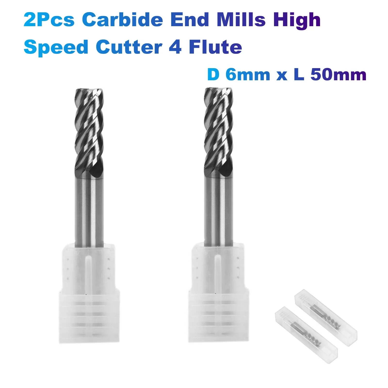 2Pcs Carbide End Mills High Speed Cutter 4 Flute (D 6mm x L 50mm) for Cutting High Hardness 58HRC, CNC Milling Hardened Metals