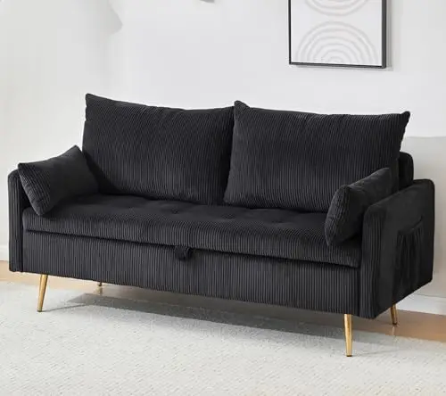 Black Loveseat Sofa with Hidden Storage, Modern Upholstered 2 Seater Couch with Gold Metal Legs, Small Space Living