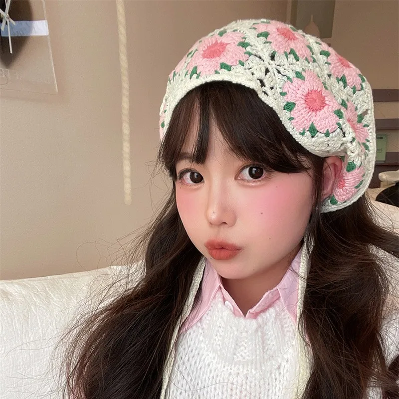 Vintage Weaving Knitting Flower Triangle Headscarf Headbands Elastic Hair Bands Women Girl Hair Scarf Hair Accessories Fashion