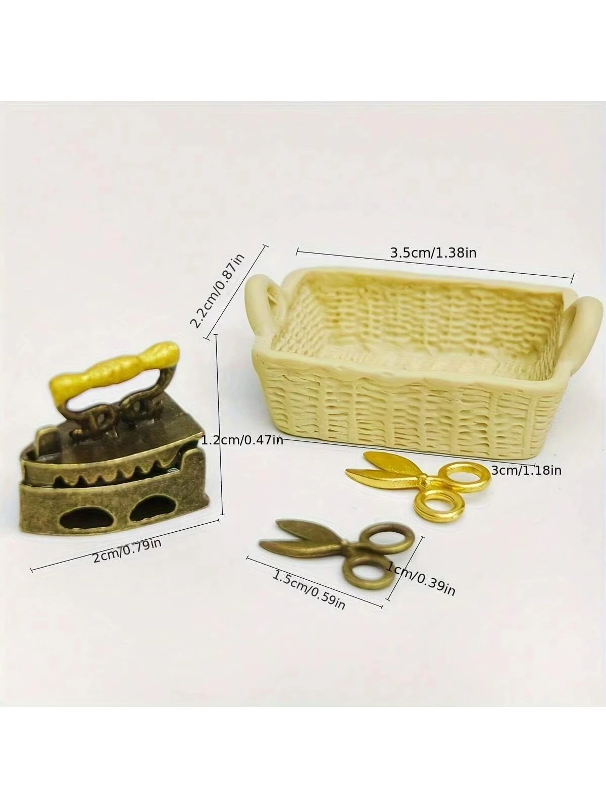 1:12 Puppenhaus Miniatur-Nähzubehör-Set, geflochtener Korb aus Kunstharz, Vintage-Metall-Mini-Eisenschere, Miniaturmöbelmodell – Detail 5