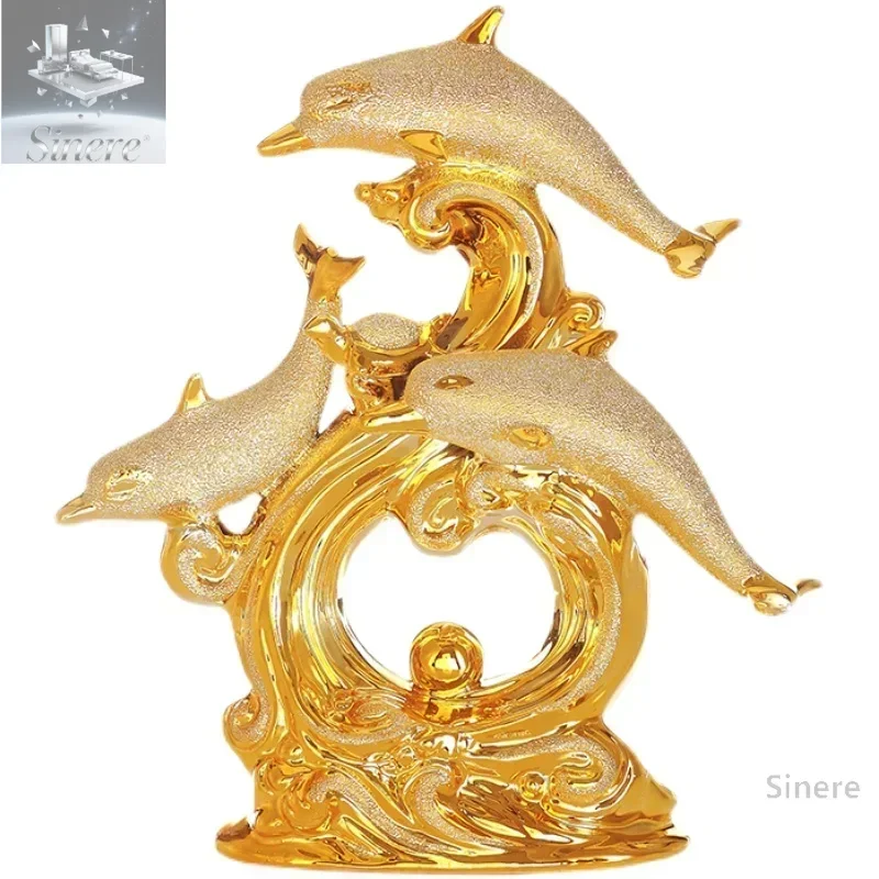 

European Resin Animal ornaments Gold Dolphin Figurines Crafts Home Livingroom Table Furnishings Decoration Office Accessories