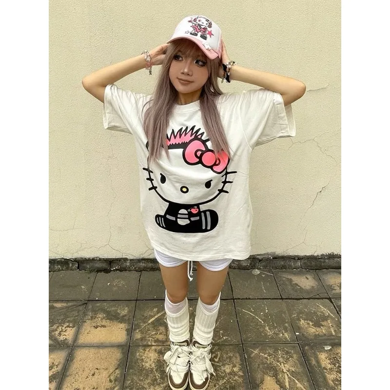 Sanrio HelloKitty kobiety z krótkim rękawem 2024 lato nowa bawełniana koszulka Y2K słodkie topy damskie figurki Anime Streetwear