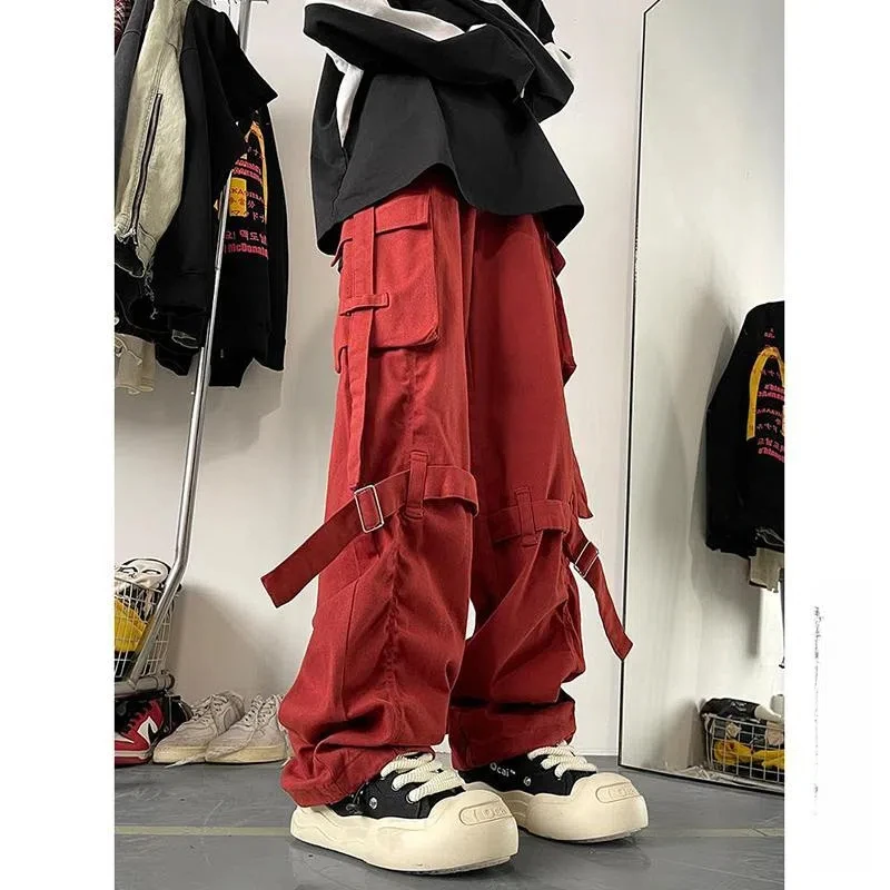 Spring Autumn Men's Clothing Solid Color Elastic High Waisted Pockets Casual Loose Fashion Trousers Cargo Preppy Style Pants