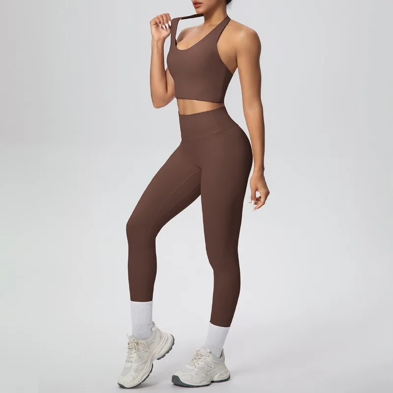 

New Girls Yoga Set Solid Color Double-sided Brushed Bra Leggings Yoga Suit Outdoor Running Sports Gym Fitness Suit