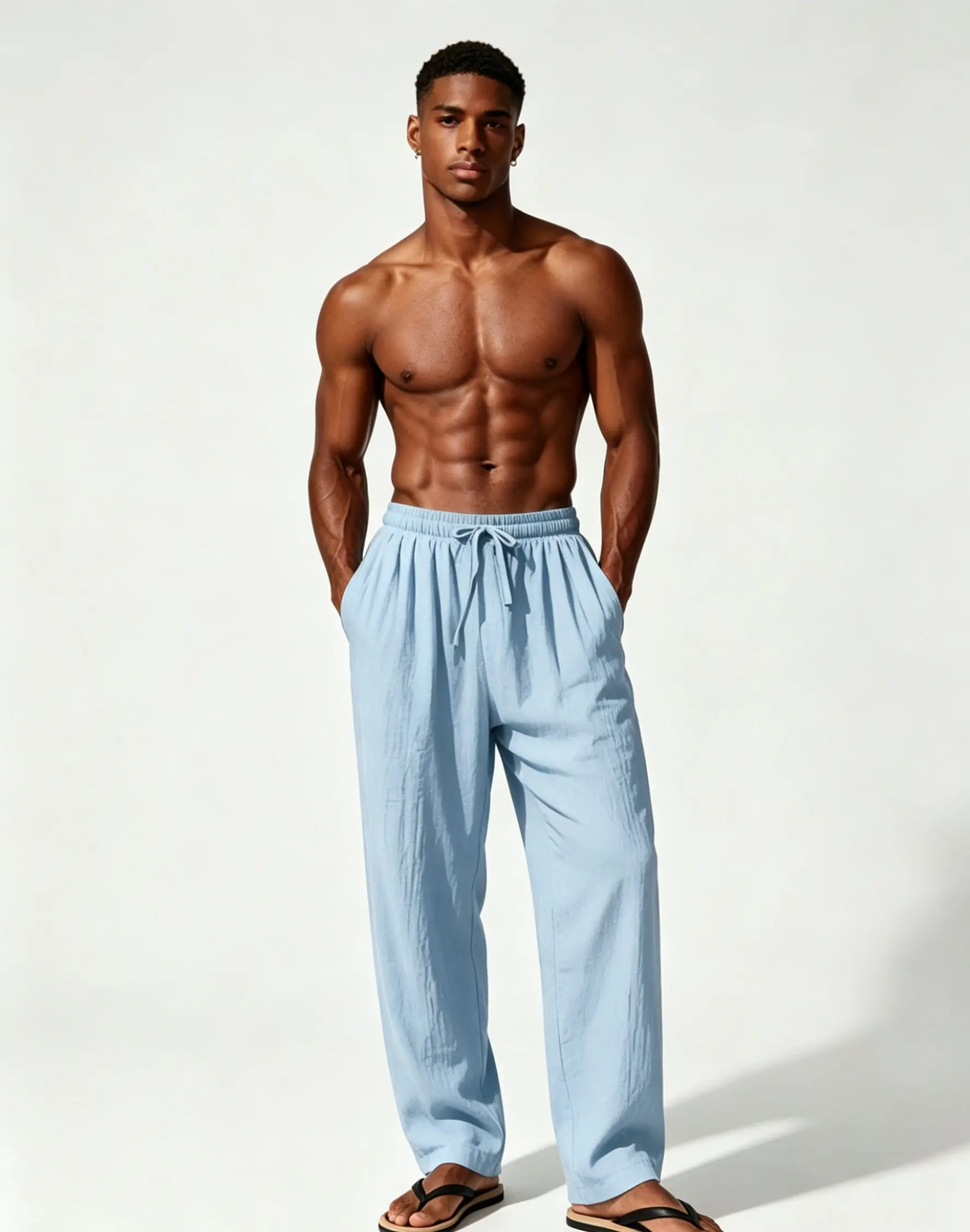 Mens Linen-Like Drawstring Pants Lightweight Breathable Casual Loose Fit Beach Trousers With Pockets