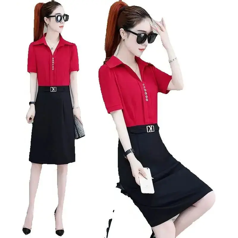 المرأة 2025 صيف جديد فستان حفلة أنيقة موضة سليم عالية الخصر منتصف طول بلون تنورة الإناث شريط تي شيرت مطبوع